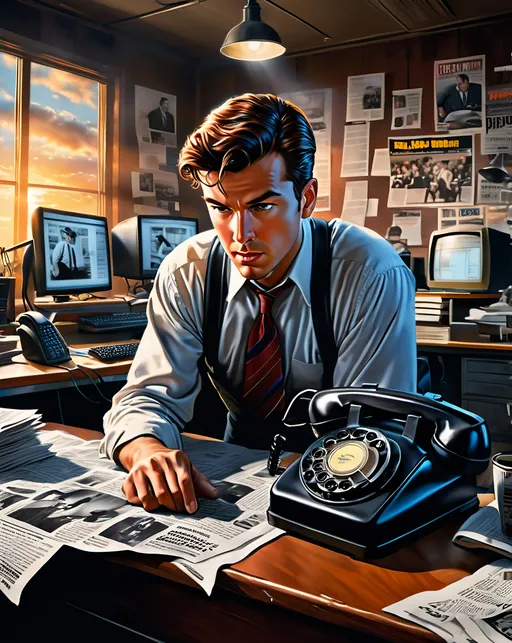 Prompt: 
American realism, realistic hyper detailed movie poster art, by James L. Brooks, by Howard Hawks, dramatic action, compelling narrative, unique visual perspective, lowbrow humor, classic television vibe,
dynamic year, 


 a dynamic scenic vista,
a newspaper office,
bustling, energetic and dynamic,  3D rendered, colorful, vibrant and colorful, 
 retro office equipment, computers, battered steel desks, American journalism, desk phones,



veteran newspaper editor  reading, 3D rendering, realistic newspaper texture, paper and ink, wrinkles and creases, high contrast, crisp clean whites, inky blacks, realistic and detailed, high quality, 4k, ultra-detailed, realistic, paper art, detailed texture, reading, contrasty lighting, 

 

energetic activity,  dynamic poses, dynamic motion, 


dramatic and unusual angles, dramatic action,  dynamic location, dynamic action, dynamic emotions, dynamic facial expressions, dynamic energy, dynamic poses, dynamic colors, sunset tones, highly detailed clouds, high contrast, low key, dynamic lighting, dynamic character,  dynamic posture, dark background,  