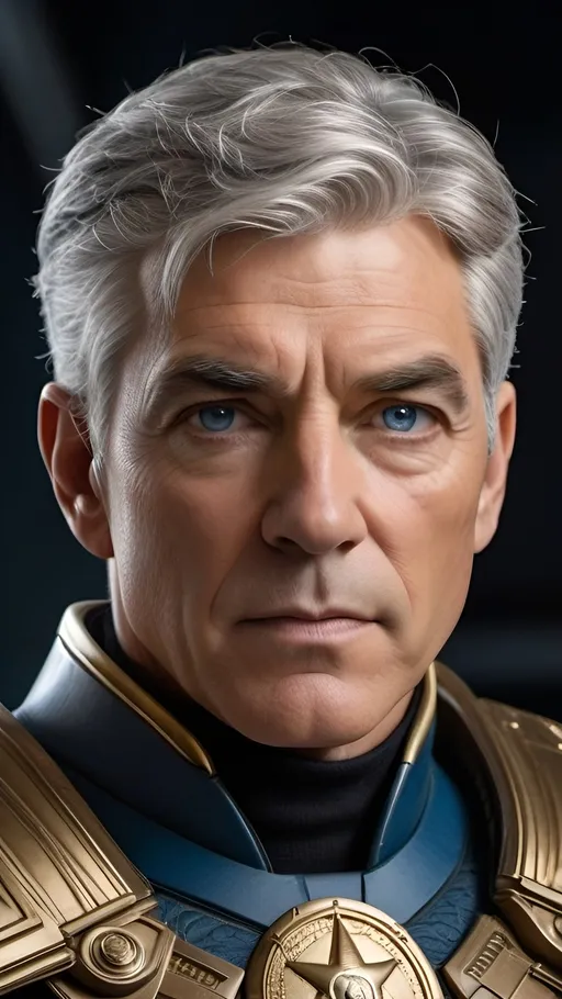 Prompt: Admiral Kirk, rugged looks, battle scarred, Confident, cocky, commanding demeanor,  intelligent vibe, proud and imperious, Roman-inspired haircut, gray hair, grizzled, gruff exterior, detailed gold Roman-inspired Starfleet body armor, ornate, intricate design, highly detailed Starfleet communicator badge, gold and jewel embellishments, realistic rank insignia, dynamic posture,  highly detailed face, intense facial expression, highly detailed facial wrinkles, highly detailed skin texture, highly detailed hair, highly detailed hair texture, highly detailed steely blue eyes, detailed iris texture, detailed pupils, highly detailed corneas, highly detailed sclera texture, highly detailed eyelashes, highly detailed eyebrows, highly detailed ears, highly detailed arms, highly detailed hands, detailed mouth texture, relaxed hands, highly detailed fingers, highly detailed mouth, relaxed mouths, highly detailed teeth,
highly detailed futuristic starship, futuristic Roman-inspired design, marble and acrylic materials, cinematic quality, dynamic composition, unique visual narrative, dramatic angles, diffuse professional lighting, opulent, splendid, subdued color scheme, sci-fi, futuristic, detailed architecture, grand scale, professional, atmospheric lighting, warlike vibe, IMAX 70mm film, Leica APO-Summicron-M 90mm f/2 lens,
