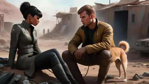Prompt: Film noir version of Star Trek, Captain James T. Kirk, Spock, Commander Montgomery Scott, Lieutenant  Uhura, Dr. McCoy, Nurse Christine Chapel,
Realistic digital painting of a 23-year-old drifter and their loyal dog, gritty post-apocalyptic wasteland, dusty and desolate environment, intense and emotional bond between the boy and dog, high quality, detailed textures, realistic, post-apocalyptic, emotional storytelling, intense lighting and shadows, muted earthy tones, Denis Villeneuve-inspired, detailed facial expressions, dust and debris in the air, emotional connection, IMAX 70mm film, Zeiss ZM T* Biogon 21/2.8 lens