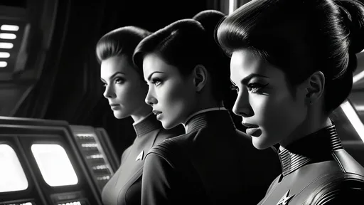 Prompt: Film noir version of Star Trek, Captain James T. Kirk, Spock, Commander Montgomery Scott, Lieutenant  Uhura, Dr. McCoy, Nurse Christine Chapel,
Lieutenant Hikaru Sulu, Ensign Pavel Chekov, Yeoman Janice Rand,  black and white, moody lighting,  vintage futuristic technology, intense close-ups, mysterious atmosphere, highly detailed, professional, film noir, vintage sci-fi, liminal space, dramatic lighting, intense gaze, detailed faces, highly expressive faces,  detailed eyes, detailed hair, detailed hands, crew members, shuttlecraft, blinking lights, computers, consoles, aliens,   grainy film look, detailed face, expressive face,  hands, detailed hair, detailed fingers, realistic fingers,  detailed fingernails, detailed mouths, detailed teeth,  perfect hands, physical perfection, relaxed posture,  hard boiled, tough, IMAX 70mm film, 15mm lens, hypermasculinity, best quality,  octane rendering,