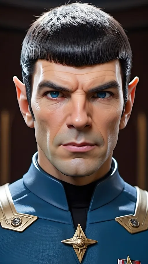 Prompt: Commander Spock, highly detailed very pointy ears, stoic demeanor, a born leader, intelligent vibe, Roman-inspired haircut, highly detailed Roman-inspired blue Starfleet armor, ornate, intricate design, highly detailed Starfleet communicator badges, realistic rank insignia, relaxed posture, dynamic posture, highly detailed face, highly detailed facial wrinkle texture, quizzical facial expression, highly detailed skin texture, highly detailed hair, highly detailed hair texture, highly detailed eyes, detailed iris texture, detailed pupils, highly detailed eyelashes, highly detailed eyebrows, highly detailed ears, highly detailed arms, relaxed arms, highly detailed hands, detailed mouth texture, relaxed hands, highly detailed fingers, detailed mouth, relaxed mouths, highly detailed teeth, highly detailed futuristic starship, futuristic Roman-inspired design, marble and acrylic materials, cinematic quality, dynamic composition, unique visual narrative, dramatic angles, diffuse professional lighting, opulent, splendid, subdued color scheme, sci-fi, futuristic, detailed architecture, grand scale, professional atmospheric lighting, warlike vibe, 