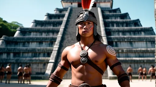 Prompt: A professional high quality, highly detailed matte painting for a film by Denis Villenueve,  by Greig Fraser, set in 500 CE, 64k octane rendering, the male gaze, after a battle, an energetic male 20-year-old Mayan ball player, slender athletic build, muscular and agile, long black hair, a tuft of hair on the right side of the head, coppery brown skin, relaxed natural posture, scars, traditional Mayan tattoos , period garb,  jade jewelry, quilted armor, traditional Mayan ballplayer headdress, fierce looking, clean shaven, traditional Mayan footwear, jogs in a Mayan ball court , in the crowded and bustling courtyard of  a pyramid, in the city of Chichen Itza, karst environment, cultivated vegetation, Mayan architecture, dozens of people, a thriving community,  a sense of foreboding, mysterious and strange, hyper masculinity, a sense impending doom, a deep connection to the natural world,
unreal engine, professional lighting, muted colors, IMAX 70mm film, Zeiss ZM T* Biogon 21/2.8 lens, dramatic angles, bright vibrant colors, fields of maize, detailed clothes, detailed hair, detailed hands, detailed eyes, a sense of disaster, best quality 