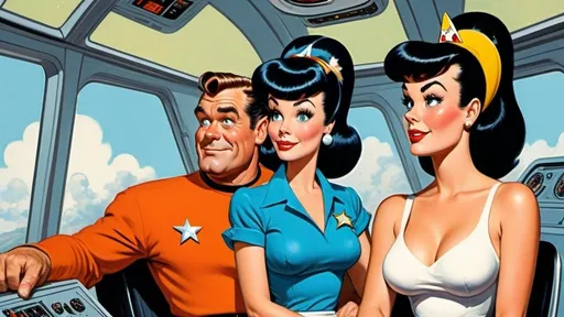 Prompt: Science fiction, pulp style, a man and a woman in command of a Starfleet  starship, best quality, Fred Flintstone, Starfleet badge, Betty Rubble, Wilma Flintstone, relaxed natural posture, drawn by Jack Kirby