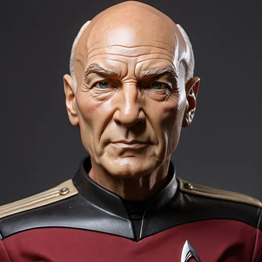 Prompt: Captain Picard sculpture made of molded polystyrene, Star Trek, realistic details, high quality, sculpture, lifelike, polished finish, detailed face, commanding presence, professional lighting, museum quality, polished look