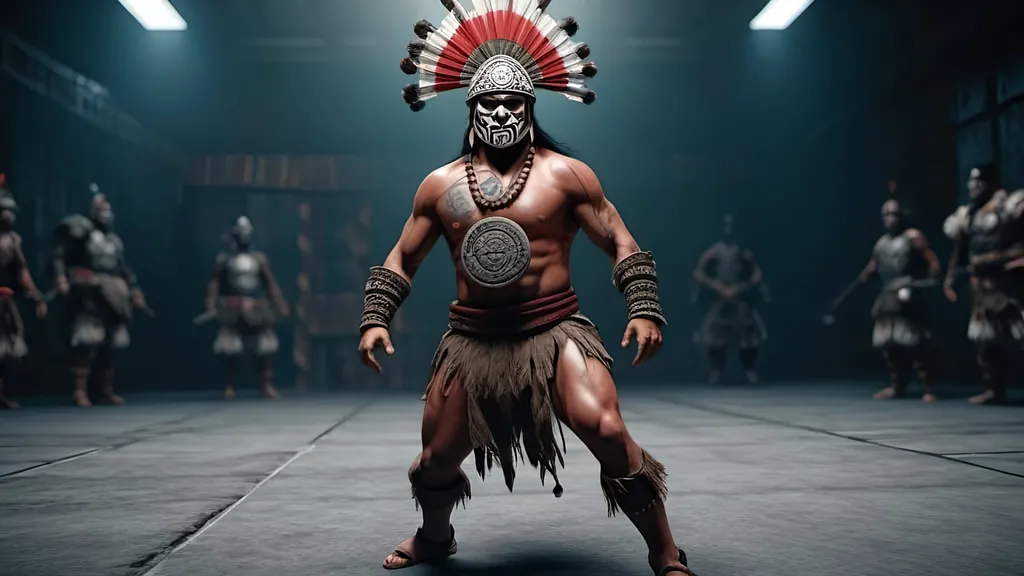 Prompt: a Mayan warrior in 500 CE, playing Mayan ball game, 110mm diameter ball, best quality, 64k, unreal engine, octane rendering, highly detailed, by Denis Villenueve, by Greig Fraser, Zeiss ZM T* Biogon 21/2.8 lens, IMAX 70mm film