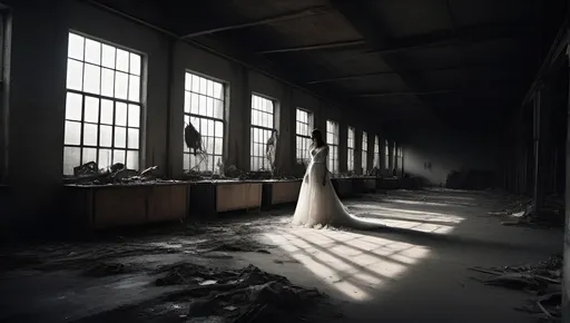 Prompt: Immense brutalist warehouse with large windows, rusted retro industrial sewing machines, a skeletal bride in silhouette, sun shafts, cobwebs, debris, Victorian wedding gowns on racks, scattered human bones on the floor, high contrast lighting, moody, eerie atmosphere, grungy, detailed textures, dusty, haunting, gothic, vintage, dark and dramatic, best quality, highres, ultra-detailed, surreal, horror, eerie lighting, atmospheric, high contrast, black and white, dramatic angles, 21mm lens, IMAX 70mm film