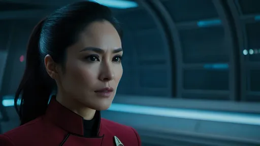 Prompt: Film noir version of Star Trek: Strange New Worlds, 44-year-old Christina Chong as Lieutenant La'an Noonien-Singh, detailed eyes, detailed red uniform, detailed hair, straight black hair, tight ponytail,  detailed face, detailed hands, detailed fingers, fit and trim, tough and observant, intelligent, vulnerable, tough looking, relaxed posture, natural posture,  caring demeanor, gritty post-apocalyptic wasteland, very windy, dusty and desolate environment,  derelict retro-futuristic spacecraft and rusty retro-futuristic mining equipment, detailed Starfleet away team uniforms, best quality, detailed textures, realistic, post-apocalyptic, intense close-ups,   emotional storytelling, intense lighting and shadows, muted earthy tones, liminal spaces, dramatic angles, professional lighting, Denis Villeneuve-inspired, detailed facial expressions, dust and debris in the air, lens flare,  IMAX 70mm film,  Zeiss ZM T* Biogon 21/2.8 lens,
