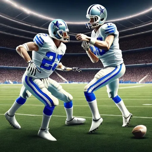 Prompt: Skeletons playing football in Dallas cowboy uniforms, bone details, high quality, detailed, realistic, sports, skeletal players, vibrant colors, stadium setting, dynamic poses, athletic, intense action, American football, skeletal structure, professional rendering, stadium lights, bold colors, realistic shading
