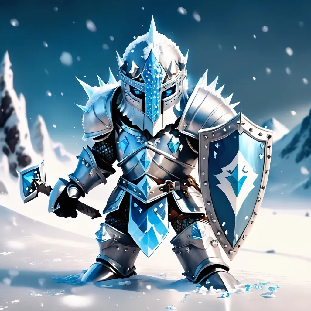 Prompt: A  icy knight skinnyish with snow for skin blue glowing diamonds for eyes and a nose and ice spikes sticking out as armor with a white and blue shield 