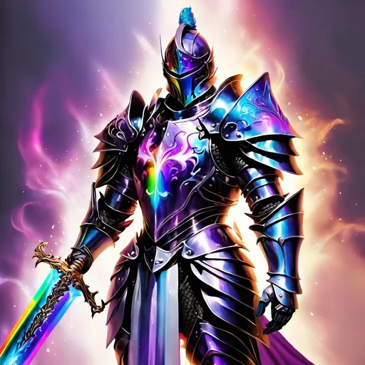 Prompt: A male knight with rainbow metallic armor and a shiny purple and black sword with blue fire on the top of the sword 