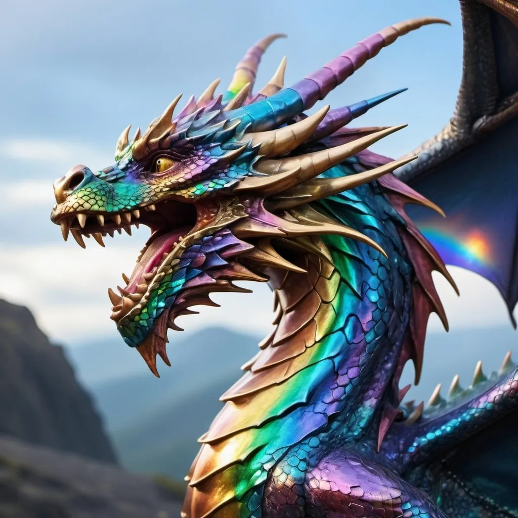 Prompt: Majestic dragon with rainbow metallic shining skin and breathing out blue fire