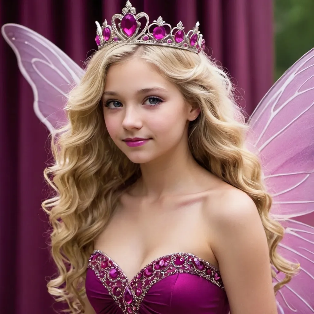 Prompt: blonde, wavy hair, girl, 15, long hair, beautiful magenta gown, magenta jeweled tiara, tinted magenta fairy wings