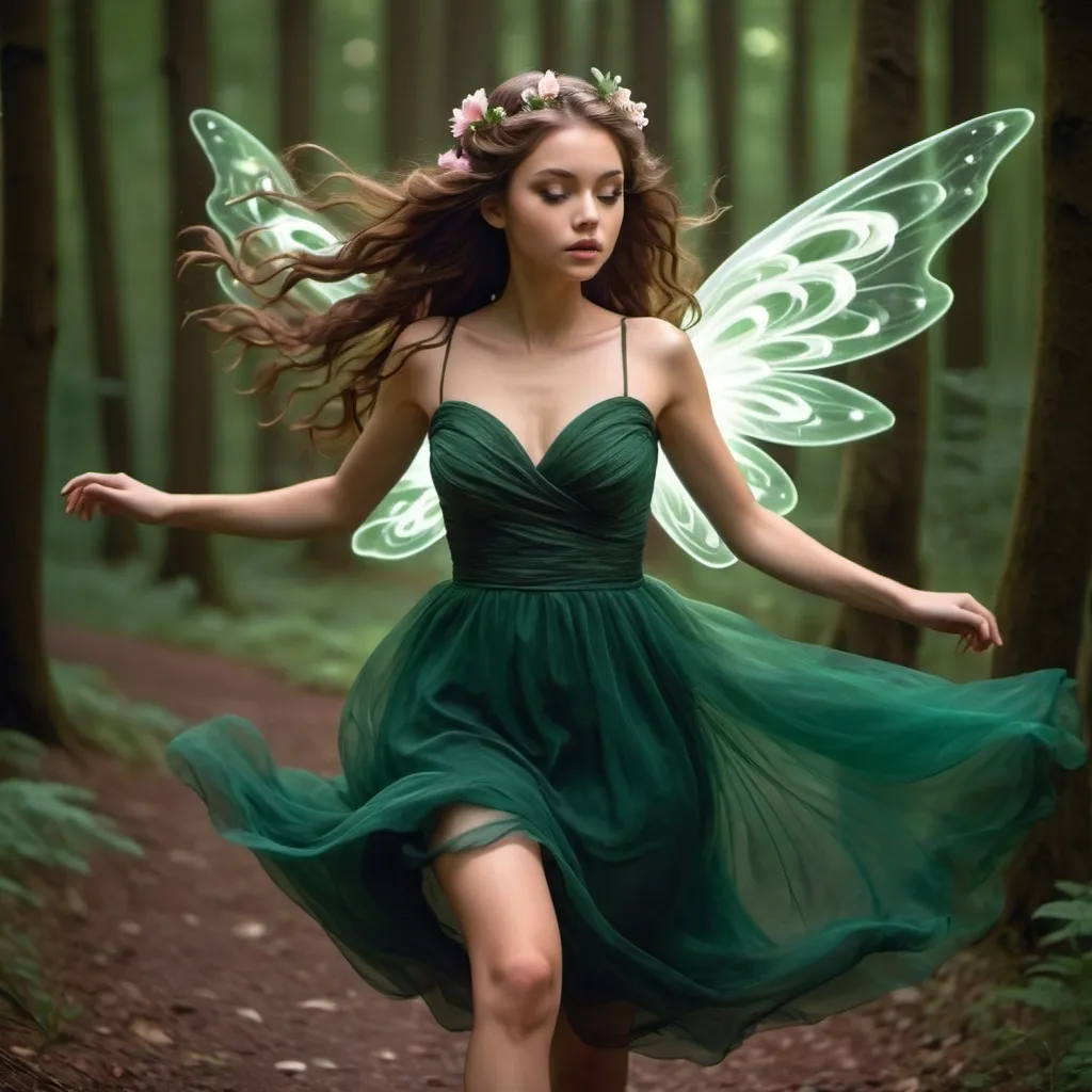 Prompt: light brunette with red tint, wavy hair, half up half down hairstyle, girl, 16, long hair, beautiful elegant green party dress , pinkish white flower in hair, dark forest background with dark green magic swirling around, girl running, green magic radiating off of her, fairy wings