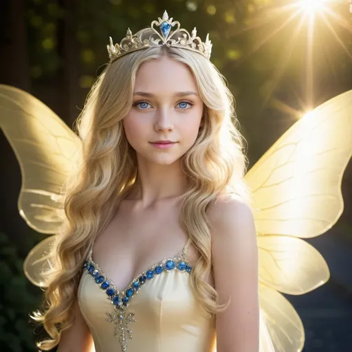 Prompt: light blonde, wavy hair, girl, 15, long hair, beautiful light yellow gown, creme jeweled tiara, blue eyes, sun rays in background, near-translucent creme fairy wings