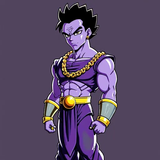 Prompt: purple alien version of Prince Rogers Nelson drawn in a dragon ball z anime 2d style, full body, wearing roman toga, wearing thick ancient gold chain with tuning fork as middle charm