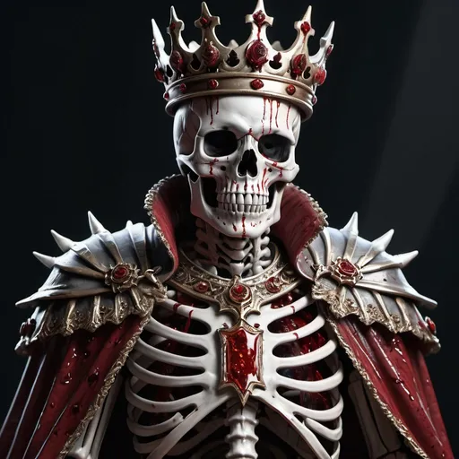 Prompt: extremely realistic, hyperdetailed, bloody skeleton king, covered in blood, highly detailed face, highly detailed eyes, full body, whole body visible, full character visible, dark lighting, high definition, ultra realistic, 2D drawing, 8K, digital art