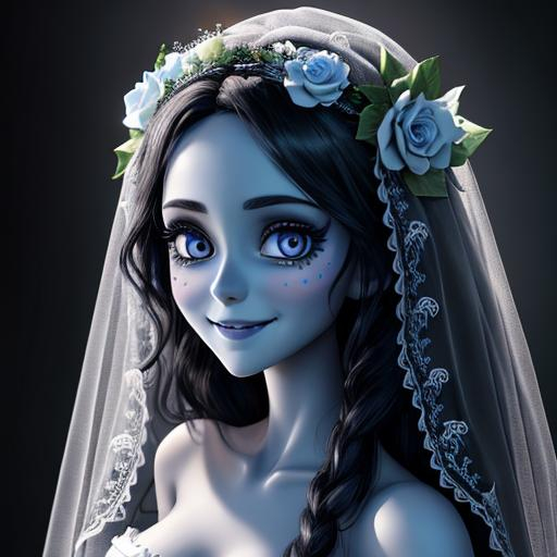 Prompt: extremely realistic, hyperdetailed, corpse bride, dark veil, smiling happily, highly detailed face, highly detailed eyes, full body, whole body visible, full character visible, dark lighting, high definition, ultra realistic, 2D drawing, 8K, digital art