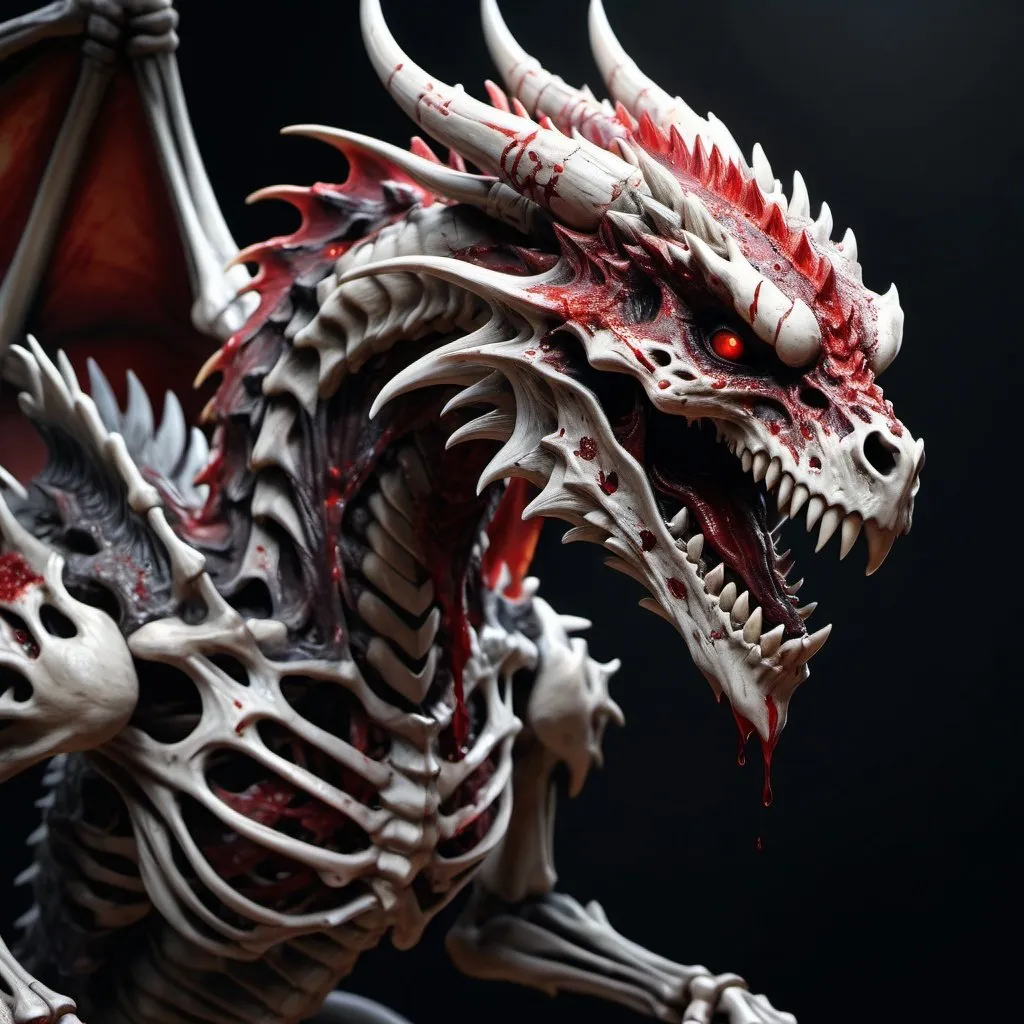 Prompt: extremely realistic, hyperdetailed, bloody skeleton dragon, covered in blood, highly detailed head, full body, whole body visible, full character visible, dark lighting, high definition, ultra realistic, 2D drawing, 8K, digital art