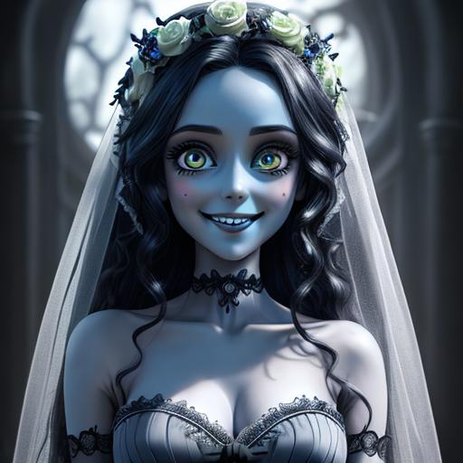 Prompt: extremely realistic, hyperdetailed, corpse bride, smiling happily, highly detailed face, highly detailed eyes, full body, whole body visible, full character visible, dark lighting, high definition, ultra realistic, 2D drawing, 8K, digital art