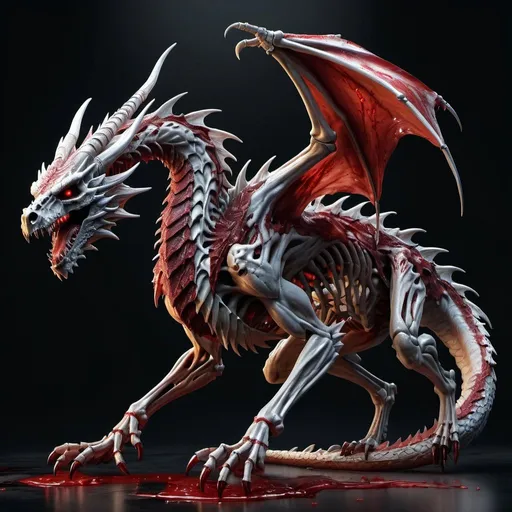 Prompt: extremely realistic, hyperdetailed, bloody skeleton dragon, covered in blood, highly detailed head, full body, whole body visible, full character visible, dark lighting, high definition, ultra realistic, 2D drawing, 8K, digital art