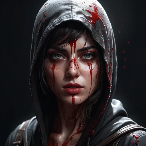 Prompt: extremely realistic, hyperdetailed, bloody assassin, covered in blood, highly detailed face, highly detailed eyes, full body, whole body visible, full character visible, dark lighting, high definition, ultra realistic, 2D drawing, 8K, digital art