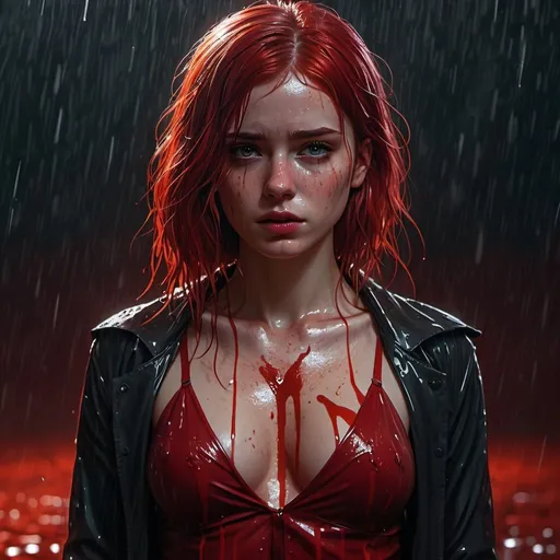 Prompt: extremely realistic, hyperdetailed, blood red haired girl covered in blood, drenched in blood, standing in a blood red rain, both hands on her chest, serious look, full body, whole body visible, full character visible, dark red lighting, high definition, ultra realistic, 2D drawing, 8K, digital art