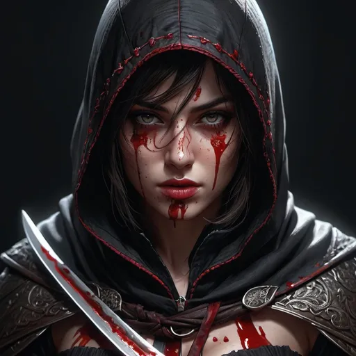 Prompt: extremely realistic, hyperdetailed, bloody assassin, covered in blood, holding blades, highly detailed face, highly detailed eyes, full body, whole body visible, full character visible, dark lighting, high definition, ultra realistic, 2D drawing, 8K, digital art
