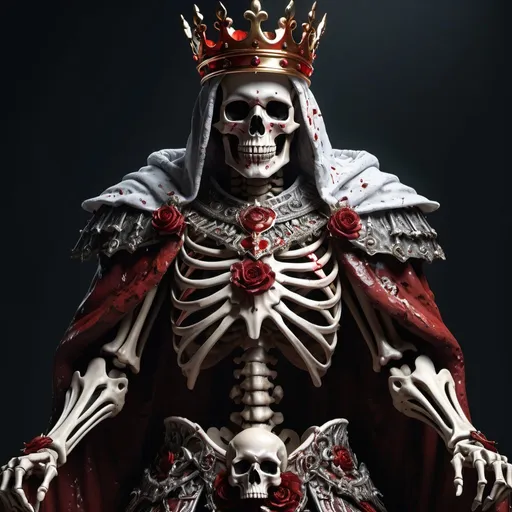 Prompt: extremely realistic, hyperdetailed, bloody skeleton king, covered in blood, highly detailed face, highly detailed eyes, full body, whole body visible, full character visible, dark lighting, high definition, ultra realistic, 2D drawing, 8K, digital art