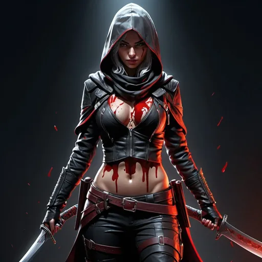 Prompt: extremely realistic, hyperdetailed, bloody female assassin, covered in blood, holding blades, full body, whole body visible, full character visible, dark lighting, high definition, ultra realistic, 2D drawing, 8K, digital art