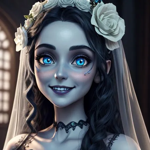 Prompt: extremely realistic, hyperdetailed, corpse bride, smiling happily, highly detailed face, highly detailed eyes, full body, whole body visible, full character visible, dark lighting, high definition, ultra realistic, 2D drawing, 8K, digital art