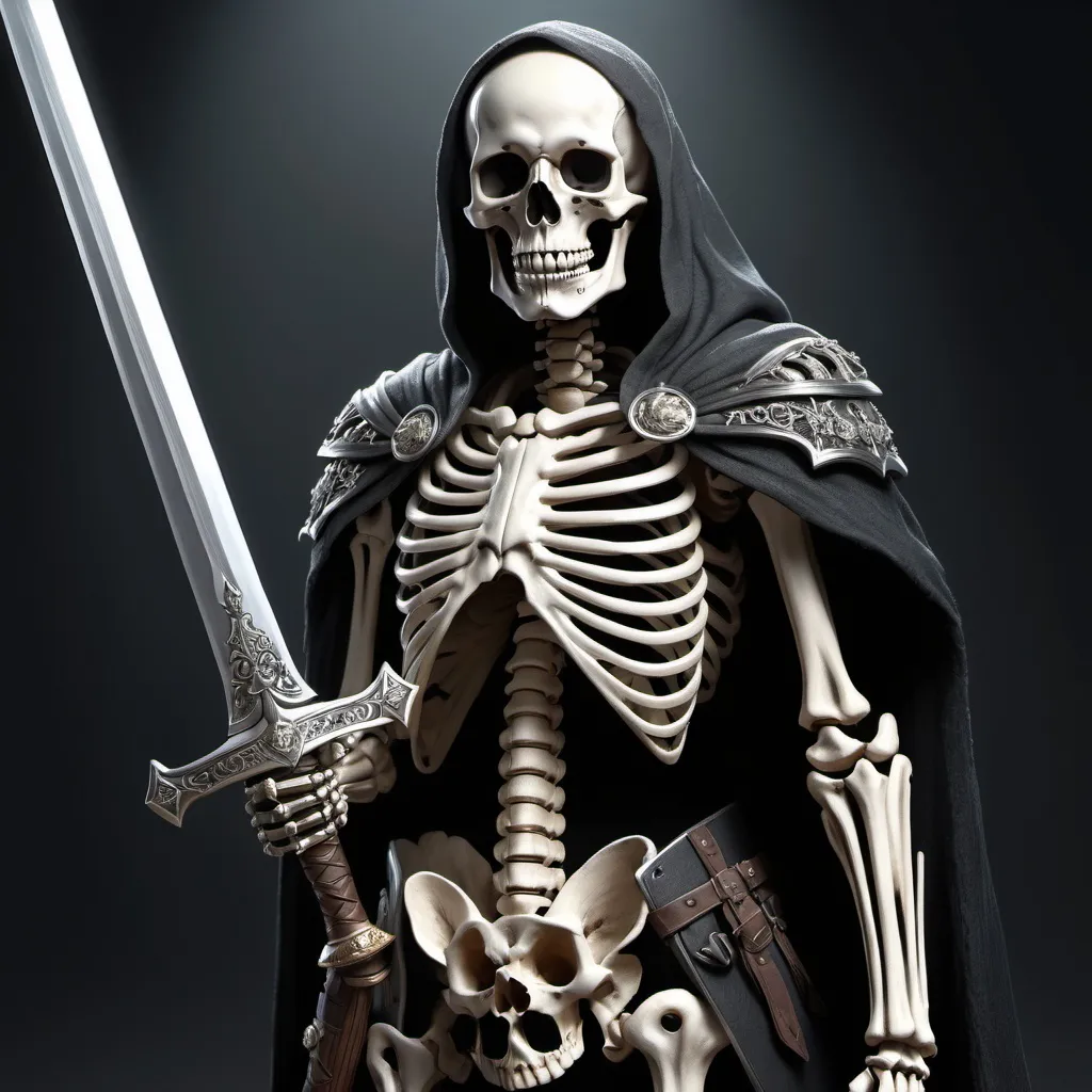 Prompt: extremely realistic, hyperdetailed, skeleton army, holding a big sword, highly detailed face, highly detailed eyes, full body, whole body visible, full character visible, dark lighting, high definition, ultra realistic, 2D drawing, 8K, digital art