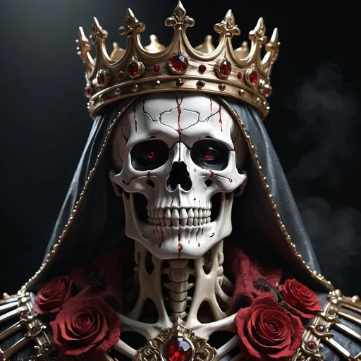 Prompt: extremely realistic, hyperdetailed, skeleton king, highly detailed face, highly detailed eyes, full body, covered in blood, whole body visible, full character visible, dark lighting, high definition, ultra realistic, 2D drawing, 8K, digital art