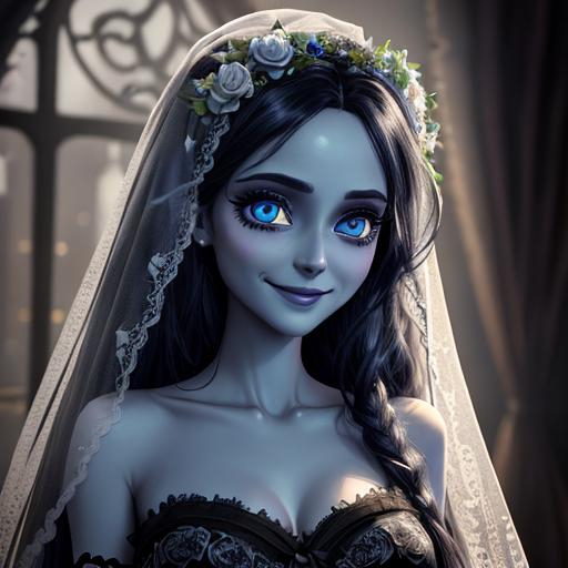 Prompt: extremely realistic, hyperdetailed, corpse bride, dark veil, smiling happily, highly detailed face, highly detailed eyes, full body, whole body visible, full character visible, dark lighting, high definition, ultra realistic, 2D drawing, 8K, digital art