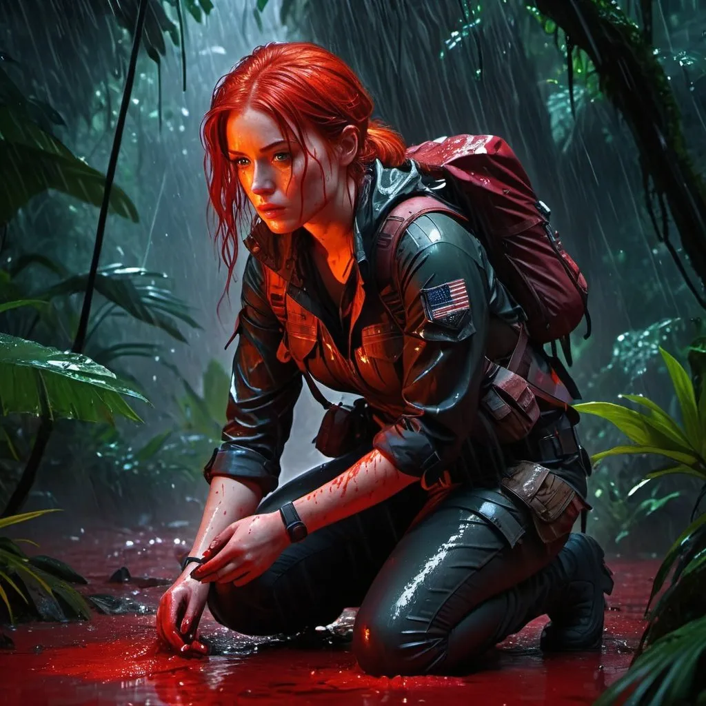 Prompt: extremely realistic, hyperdetailed, blood red haired explorer, kneeling in a blood red rain, covered in blood, in a jungle, both hands on her chest, serious look, full body, whole body visible, full character visible, dark red lighting, high definition, ultra realistic, 2D drawing, 8K, digital art