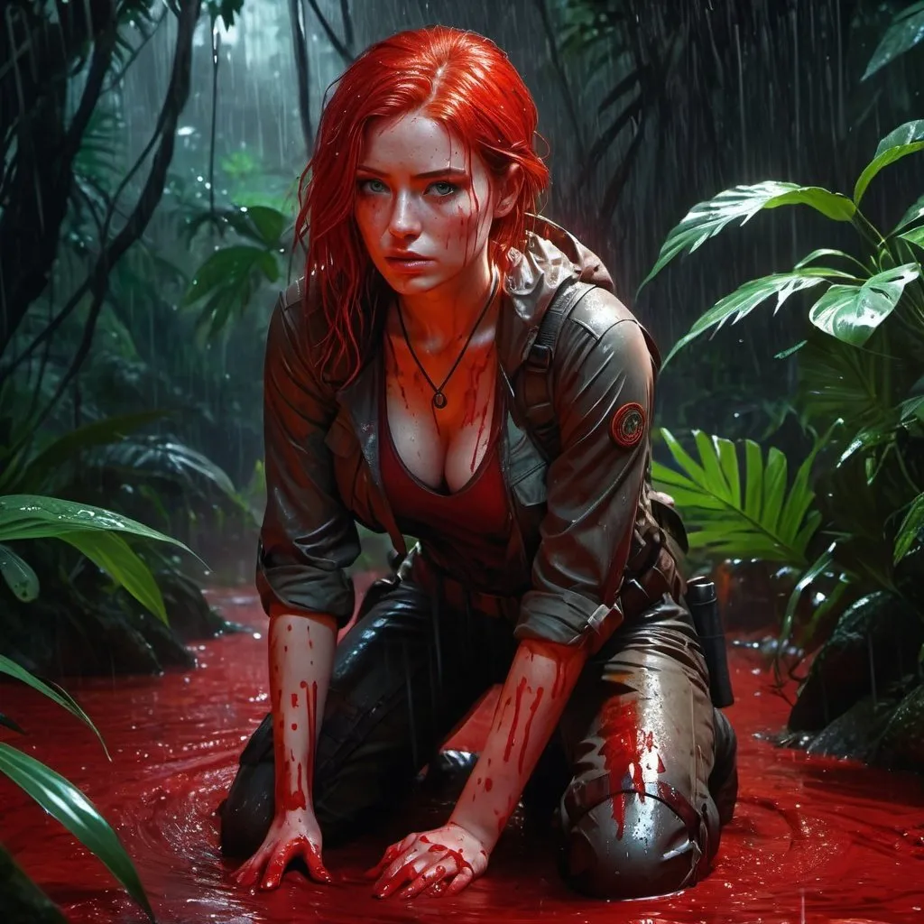 Prompt: extremely realistic, hyperdetailed, blood red haired explorer, kneeling in a blood red rain, covered in blood, in a jungle, both hands on her chest, serious look, full body, whole body visible, full character visible, dark red lighting, high definition, ultra realistic, 2D drawing, 8K, digital art