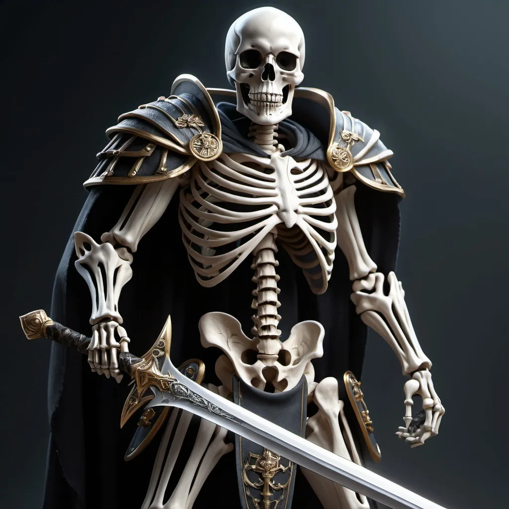 Prompt: extremely realistic, hyperdetailed, skeleton army, holding a big sword, highly detailed face, highly detailed eyes, full body, whole body visible, full character visible, dark lighting, high definition, ultra realistic, 2D drawing, 8K, digital art