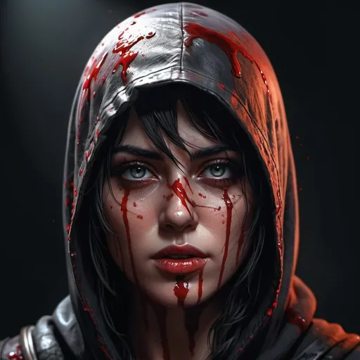 Prompt: extremely realistic, hyperdetailed, bloody assassin, covered in blood, highly detailed face, highly detailed eyes, full body, whole body visible, full character visible, dark lighting, high definition, ultra realistic, 2D drawing, 8K, digital art