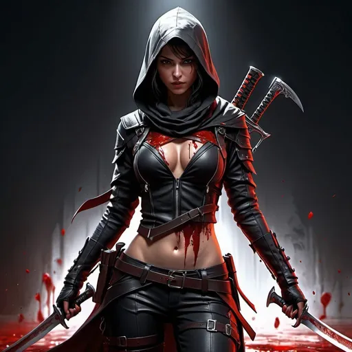 Prompt: extremely realistic, hyperdetailed, bloody female assassin, covered in blood, holding blades, full body, whole body visible, full character visible, dark lighting, high definition, ultra realistic, 2D drawing, 8K, digital art