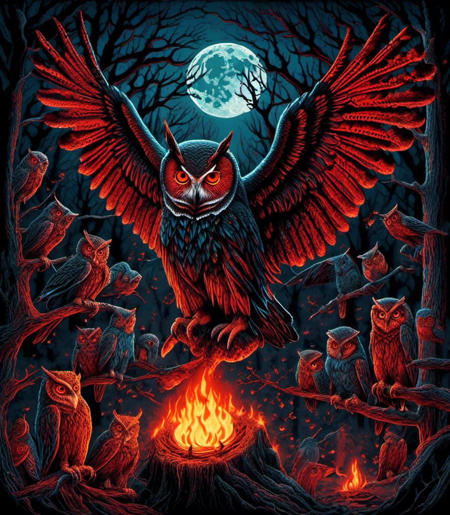 Prompt: Horrifying evil dark sorcerer magician, unnatural black magic ritual in woods at night, full moon, ultra-detailed, ultra-realistic, vivid intricate elaborate fantastical detail, horror, fantasy , unholy magic ritual fire, fire owls, <mymodel>