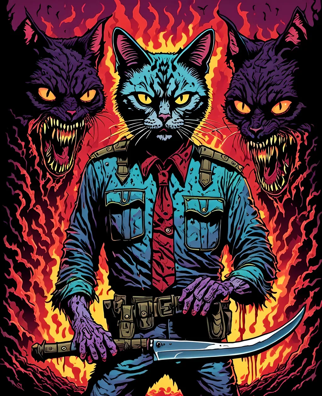 Prompt: Psychedelic scary strange psychotic siamese killer cat guy, 80s slasher horror killer catman creepy knife wielding feral feline killer mastermind, 
<mymodel> 