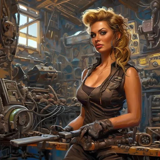 Prompt: A grease covered dirty hot petite fit mechanic girl, mechanic jumpsuit, tattered, wrench and futuristic post apocalyptic tools, post apocalyptic fix it all workshop girl, dystopian psychedelic apocalyptic tinkerer scavenger mechanic girl, outlandish, exaggerated, wacky, fantastical, ultra-detailed vivid colorful creative complex composition, best quality, retro, bizarre, odd, quirky, <mymodel>