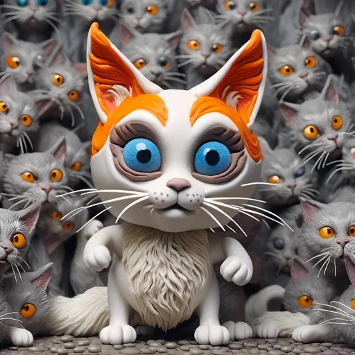 Prompt: Sly silly sneaky smart siamese cat, big blue eyes, white and orange and gray colored fur, sneaking up on her prey, preparing to pounce,stealthily, vividly intricately detailed masterwork masterpiece, in claymation stop motion animation style, <mymodel>