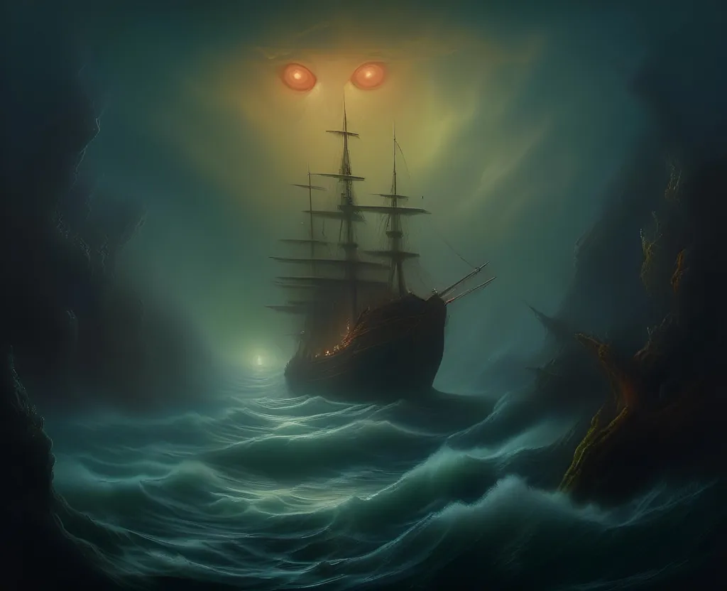 Prompt: In the heavy fog on the open ocean, something is emerging from the abyssal depths, ancient, timeless evil, it is night and dark, eerie horror, otherworldly horror, creepy lurking horror, looming, in the shadows, ultra-detailed vivid colorful creative complex composition, elaborate meticulous methodical fine tuned detailing  , best quality, best detail, absurdres, masterwork unique original brilliant masterpiece, highest quality, best detail, 4k HD, raw, professional, wide view, slr, excessive exaggerated outlandish over the top cartoon comic graphic novel adult cartoon animation art style, <mymodel>