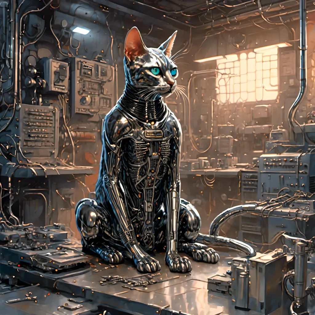 Prompt: A cyborg T1000 liquid metal cat terminator like the film judgment day liquid metal cat terminator T1000, <mymodel>