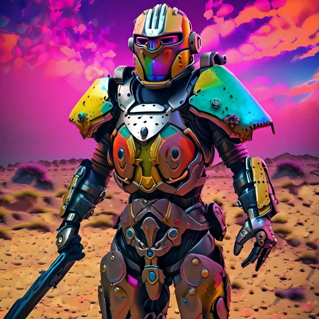 Prompt: ((A soldier in a futuristic mechanical enhanced suit of armor)) (wearing a tattered tabard over chest armor), ((carrying wacky unique home made weapon and shield)), (marching across the post apocalyptic wasteland), a mechanically enhanced knight in a post apocalyptic psychedelic wasteland, ultra-detailed vivid colorful creative complex composition, best quality, retro, bizarre, odd, quirky, cartoonish, comic, exaggerated, excessive, over the top, 
Intriguing unique original masterwork masterpiece,  <mymodel>