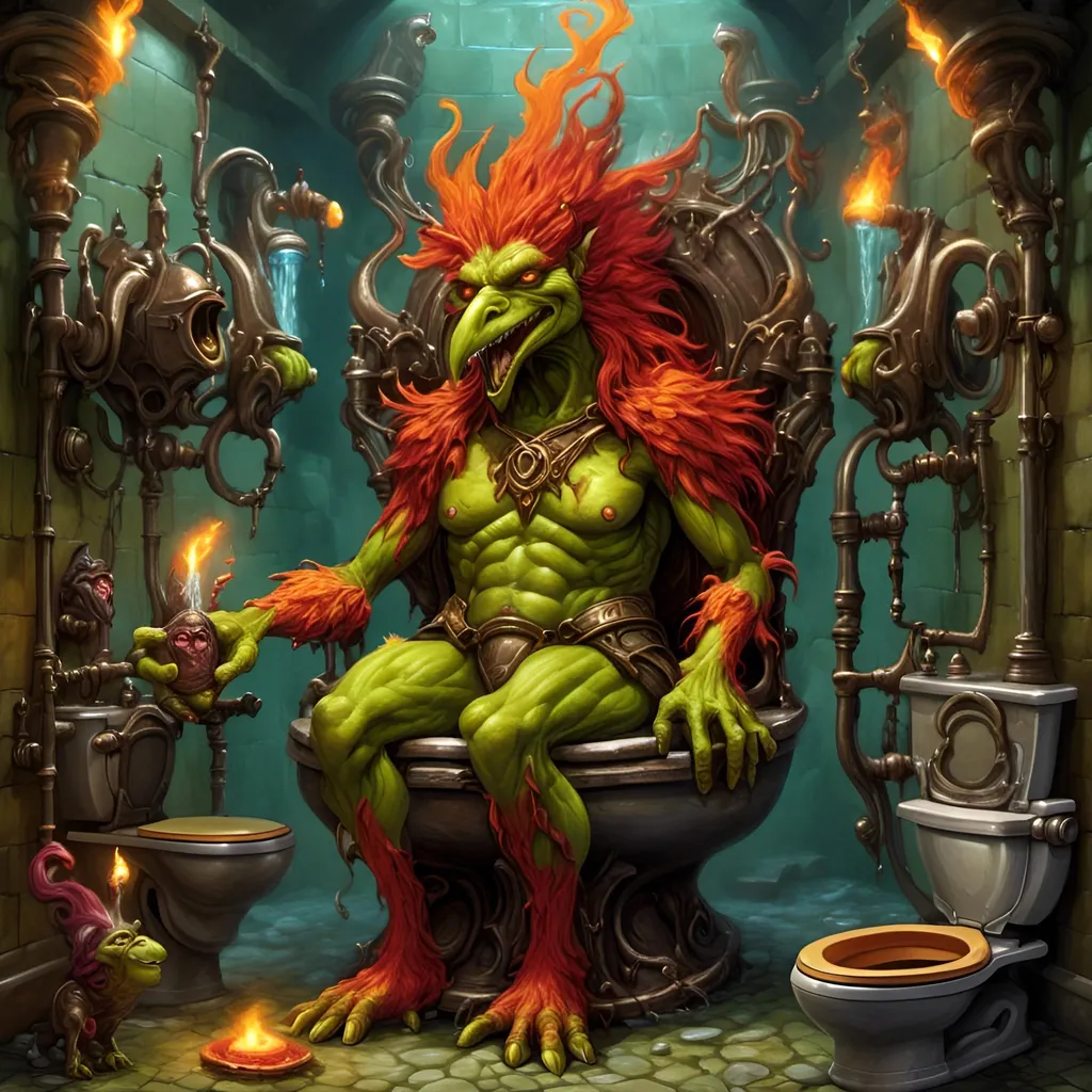 Prompt: Magical high fantasy toilet kingdom, epic potty Phoenix fire toilet, orc commodes, goblin potties, toilet trolls, elven lavatory creatures, fantastical mythical bathroom beasts,

<mymodel>