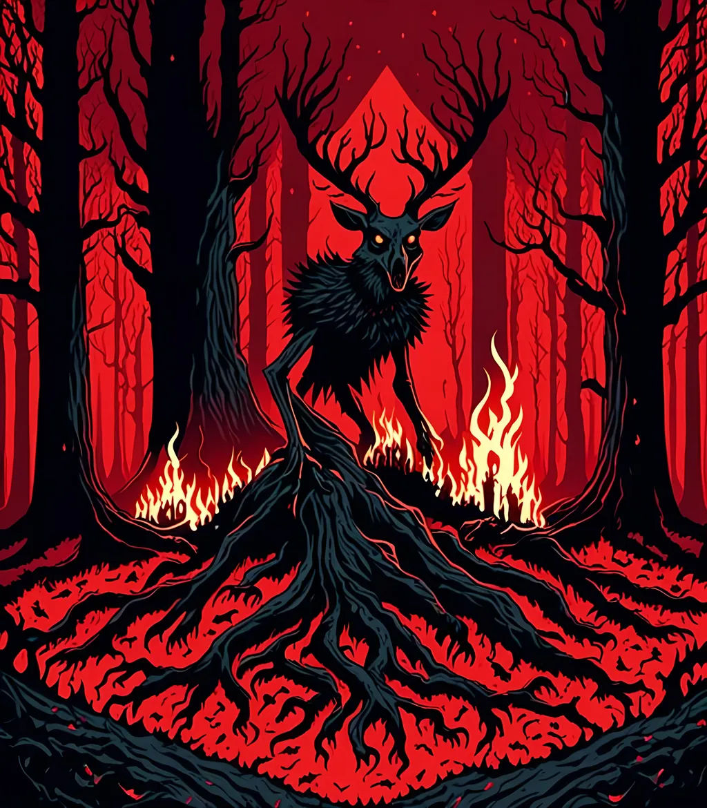 Prompt: Black magic blood magic necromancy secret spell cast in the ancient woods of fire pain and death, grim gruesome abominations unholy creations rise up from blackened ash forest floor, <mymodel>