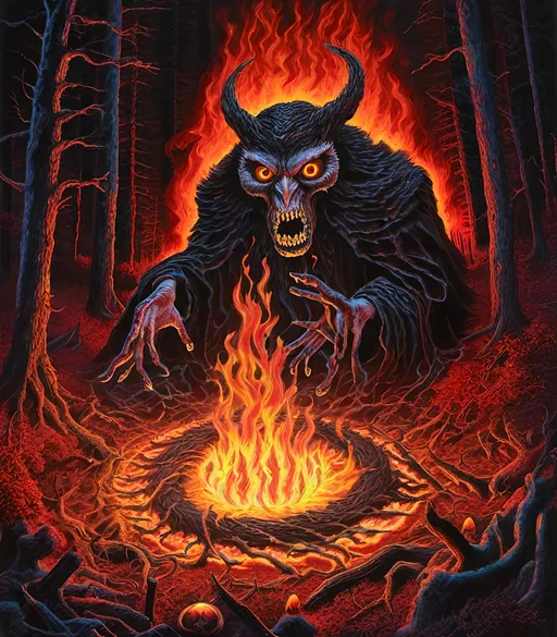 Prompt: A man is a Horrifying evil dark sorcerer magician, performing an unnatural black magic ritual magic circle of fire, in woods at night, full moon, ultra-detailed, ultra-realistic, vivid intricate elaborate fantastical detail, horror, fantasy , unholy magic ritual fire, <mymodel>