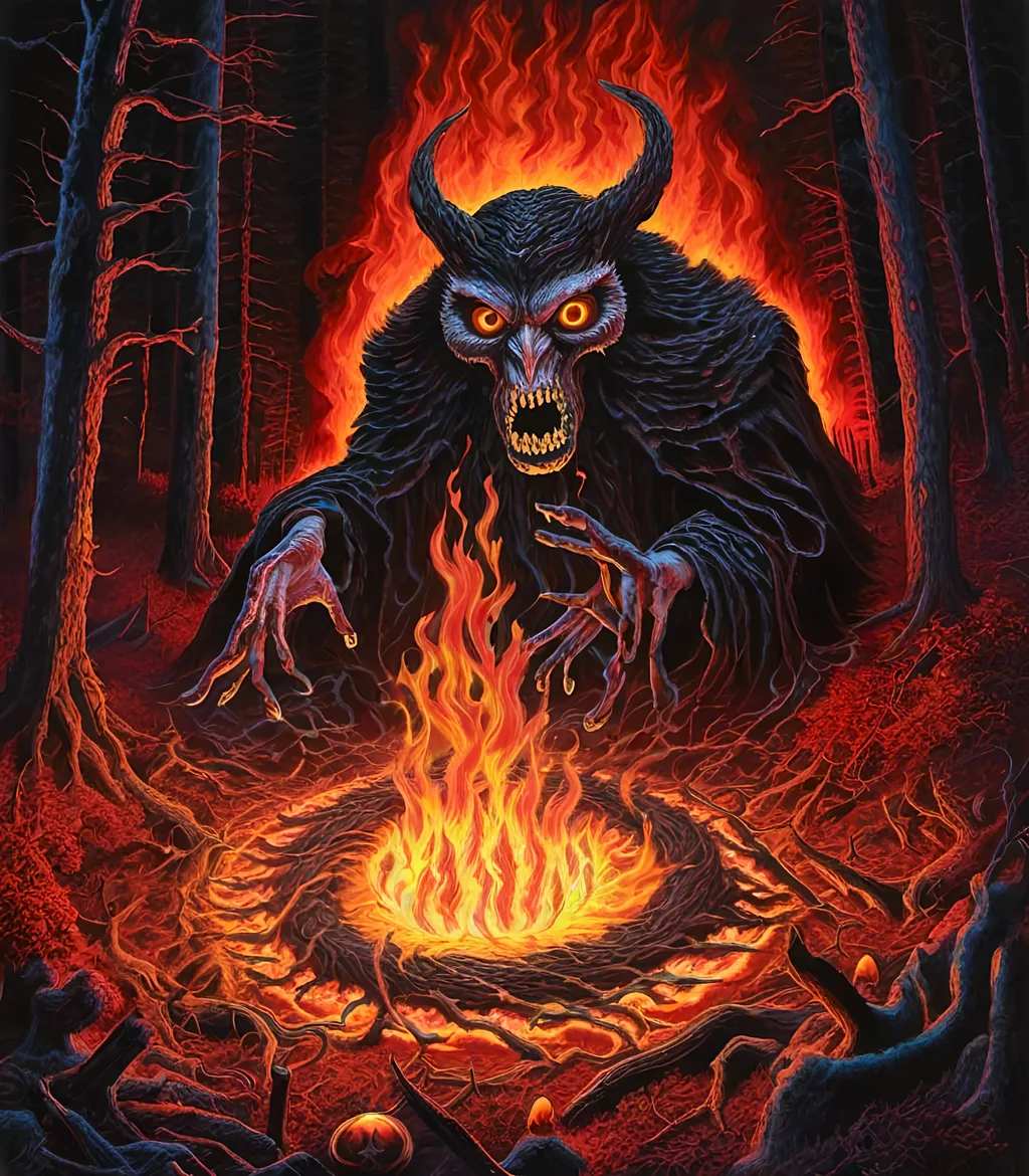 Prompt: A man is a Horrifying evil dark sorcerer magician, performing an unnatural black magic ritual magic circle of fire, in woods at night, full moon, ultra-detailed, ultra-realistic, vivid intricate elaborate fantastical detail, horror, fantasy , unholy magic ritual fire, <mymodel>