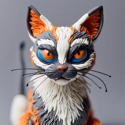 Prompt: Sly silly sneaky smart siamese cat, big blue eyes, white and orange and gray colored fur, sneaking up on her prey, preparing to pounce,stealthily, vividly intricately detailed masterwork masterpiece, in claymation stop motion animation style, <mymodel>